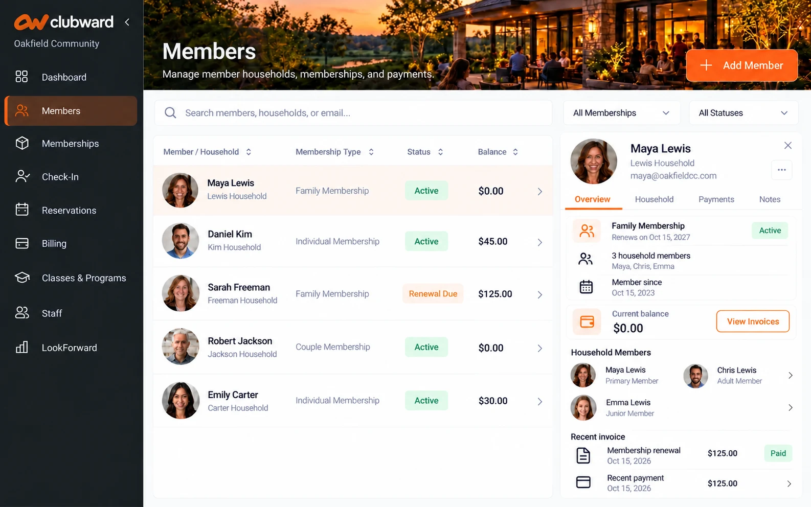 Clubward membership directory beside a household profile with membership status, account balance and payment history.