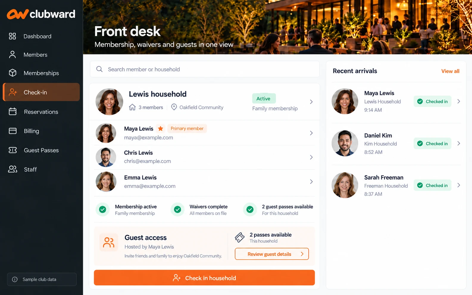 Clubward front desk workspace with a household ready for check-in, waiver readiness and recent arrivals.