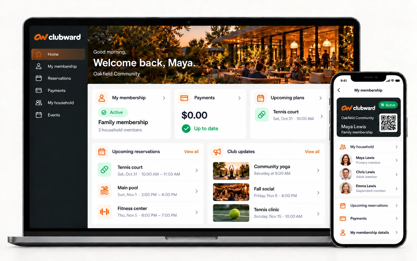 Clubward member portal on desktop and mobile with household details, payments, a membership pass and upcoming plans.