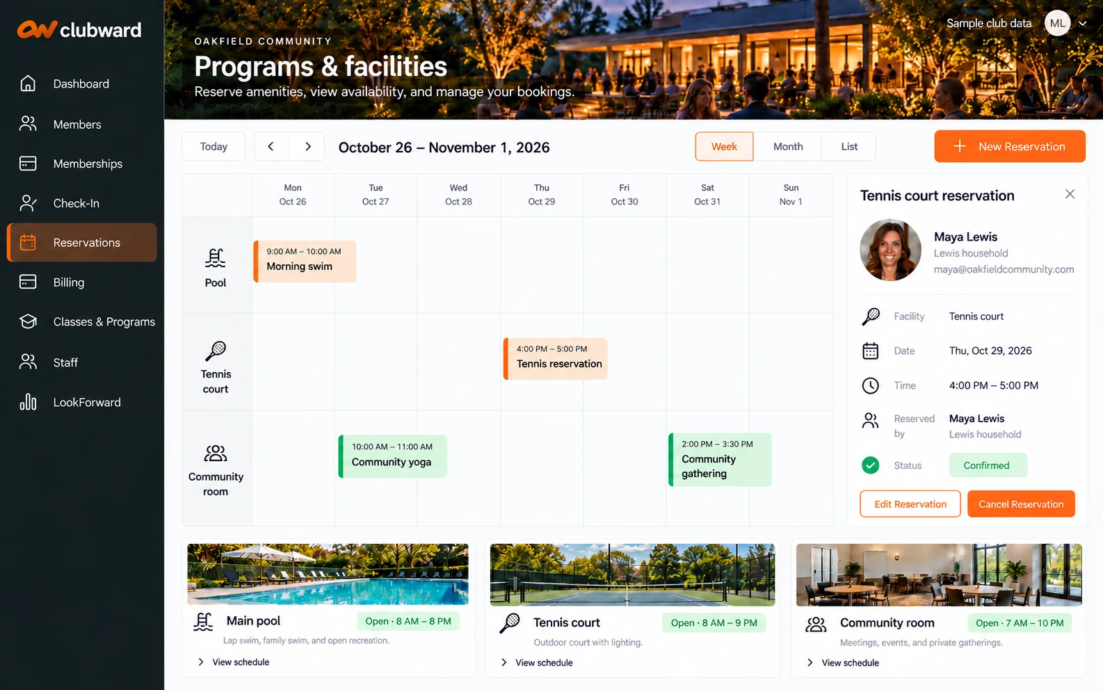 Clubward calendar with activities, reservations and shared club facilities.