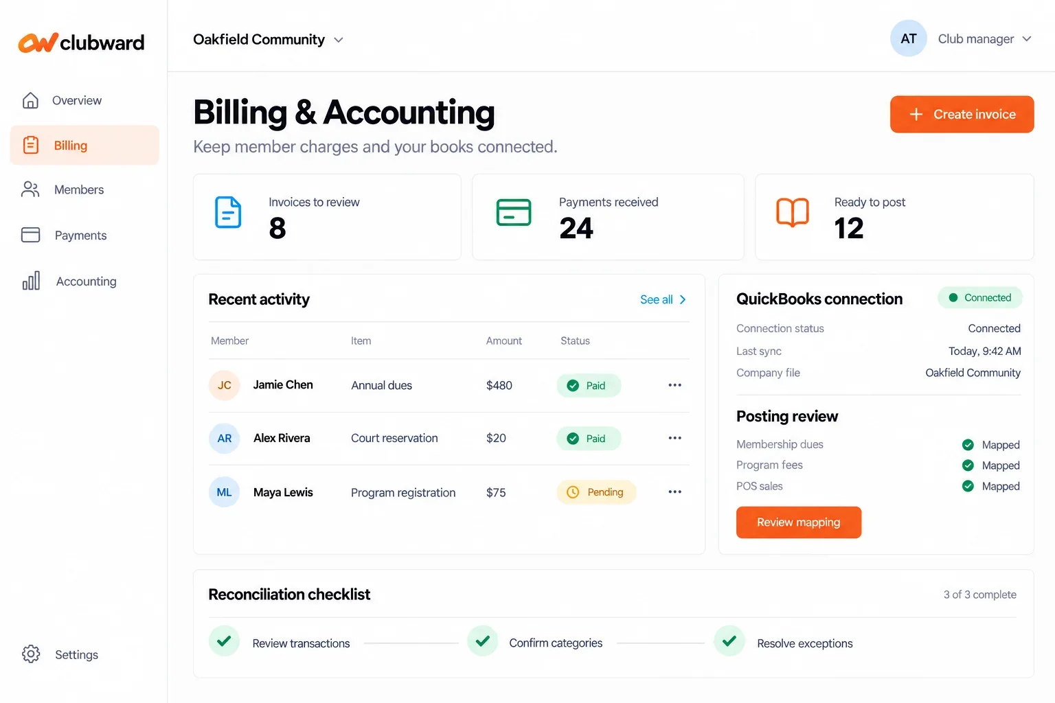 Clubward finance dashboard showing club billing and payment activity.