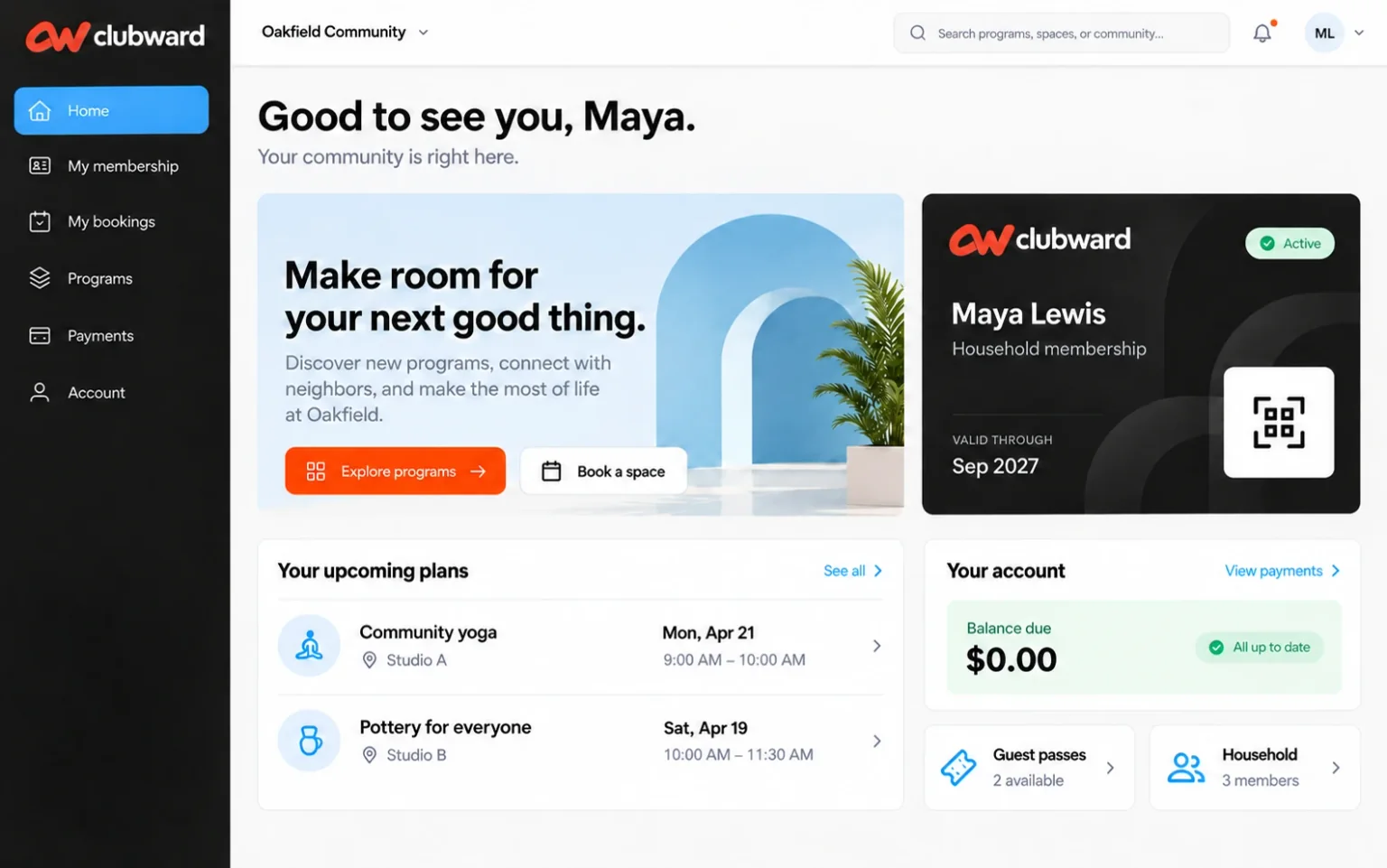 Clubward member portal with Maya’s digital membership card, upcoming activities, account balance, guest passes, and household.