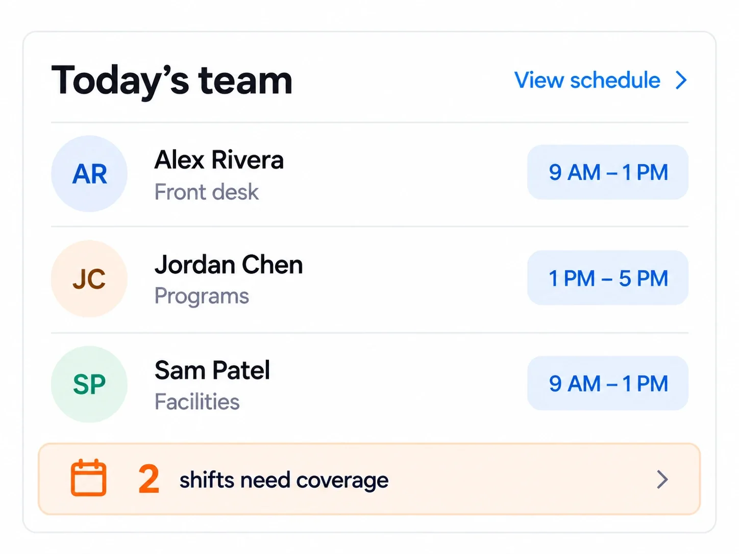 Clubward staff schedule and shift coverage preview