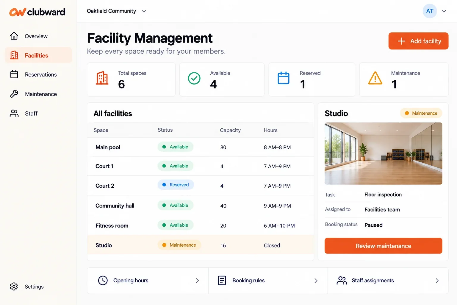 Clubward facility management dashboard showing shared spaces and operational status.
