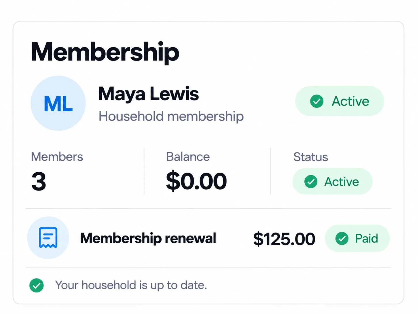 Clubward household membership and payment status preview