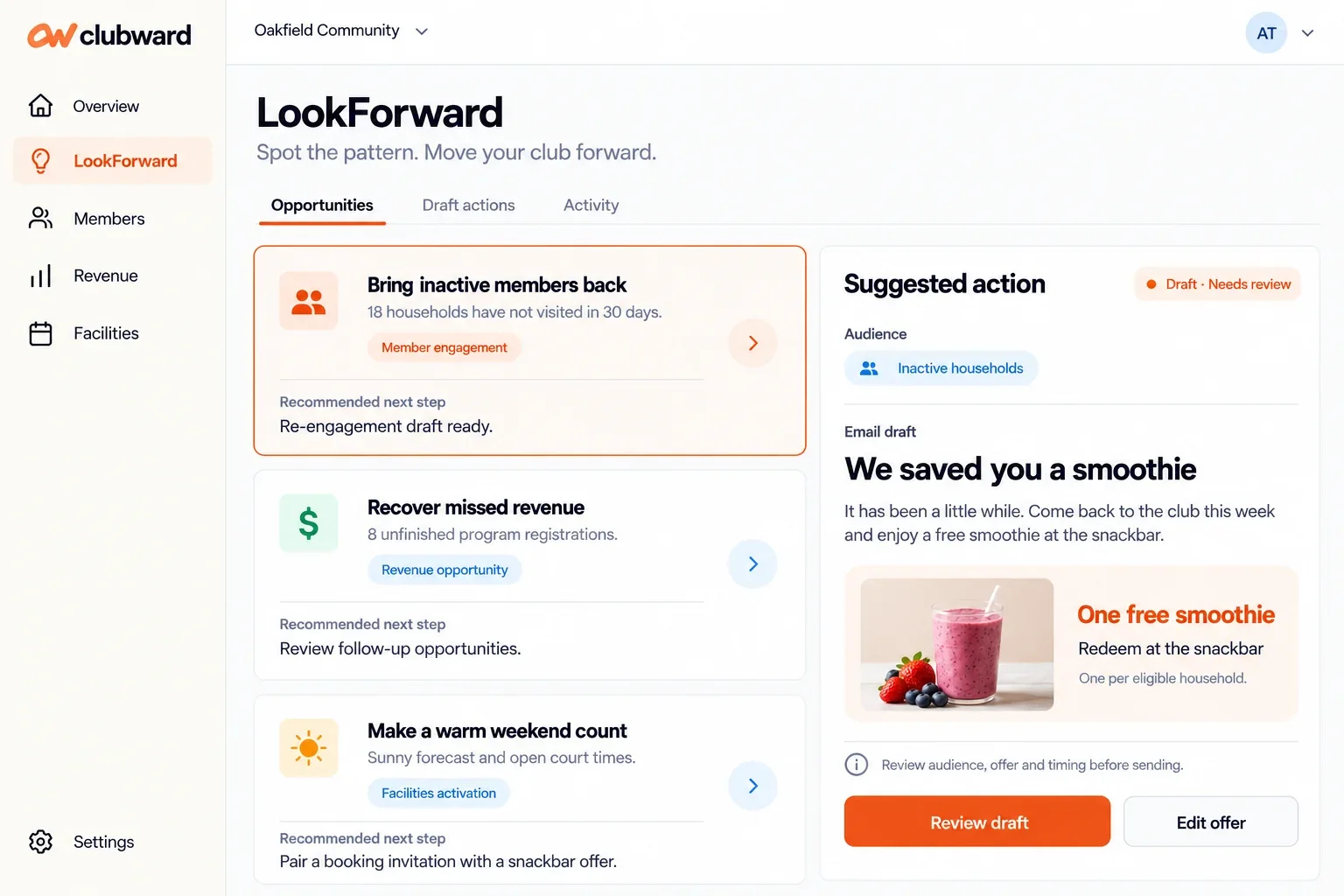 Clubward LookForward insights connecting member attendance trends, revenue recovery and proactive campaign actions