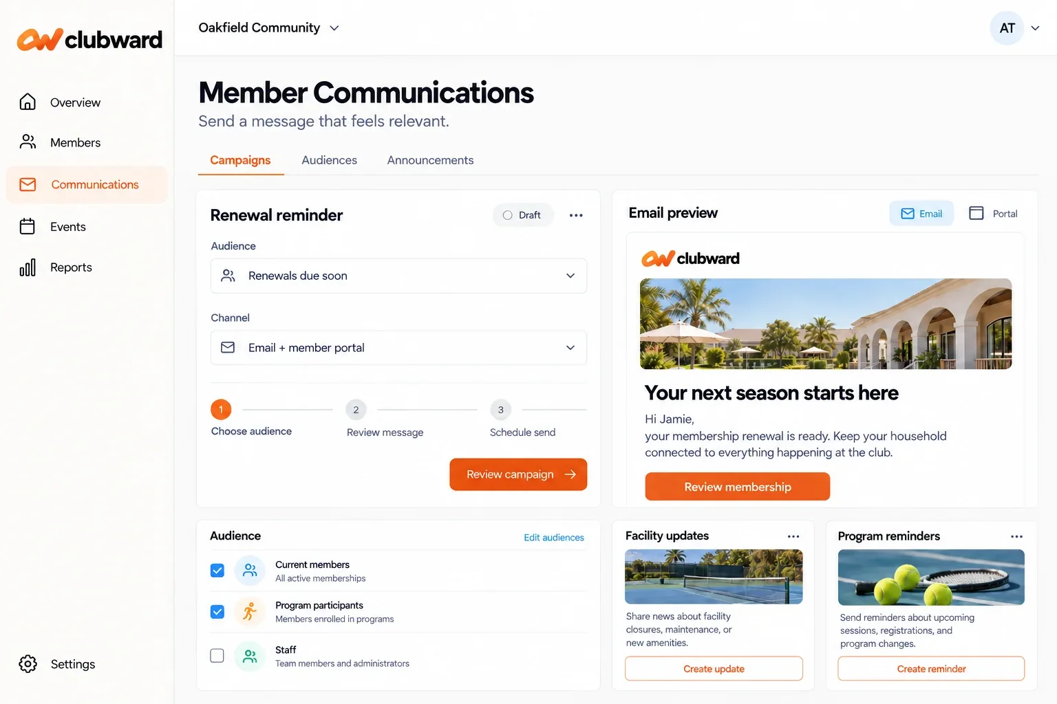Clubward communications dashboard with member updates and audience tools.