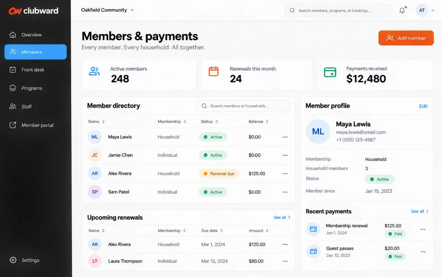 Clubward member directory with membership status and balances, alongside a household profile and recent payments.