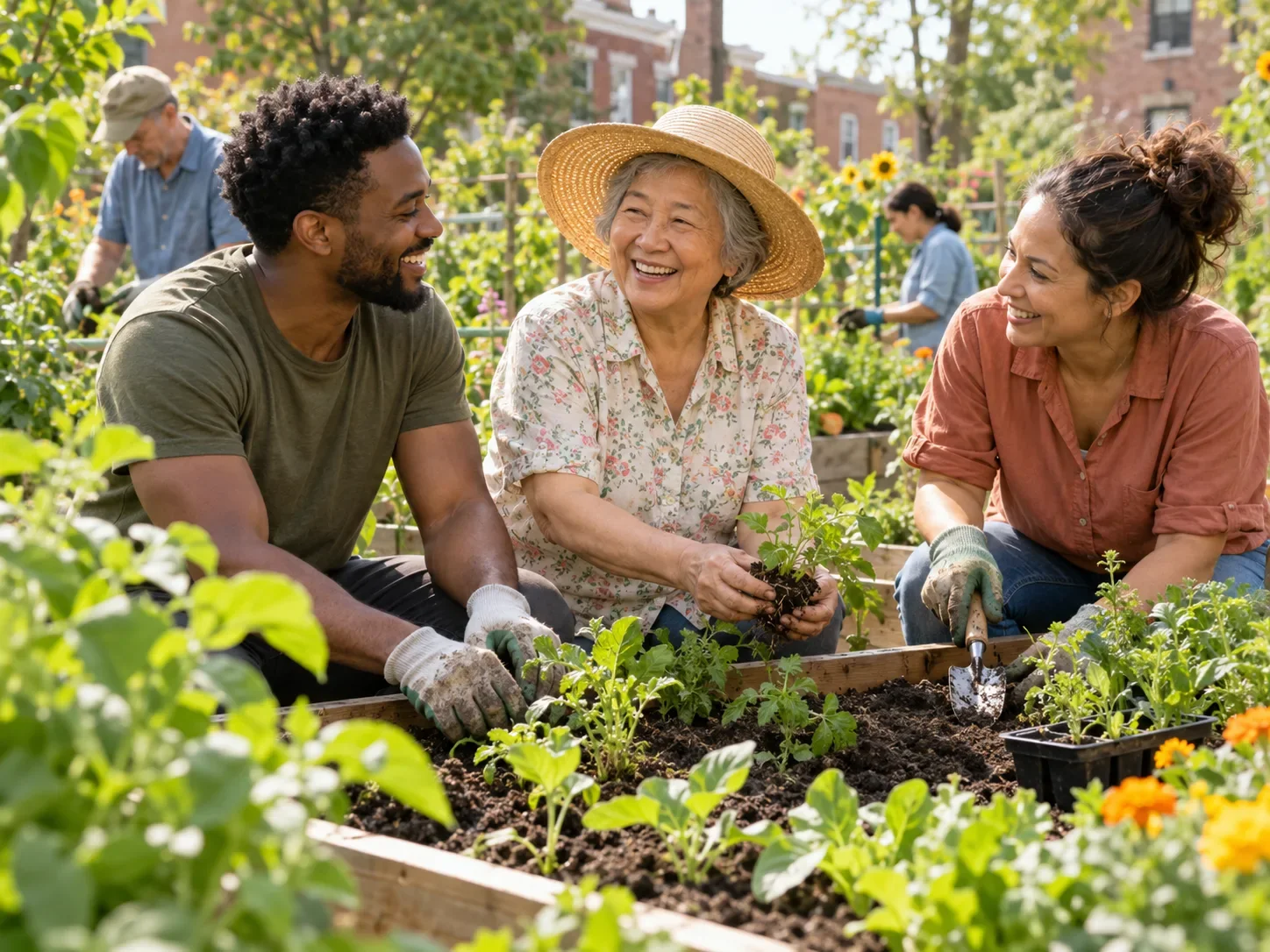 Neighbors spending time together in a community garden