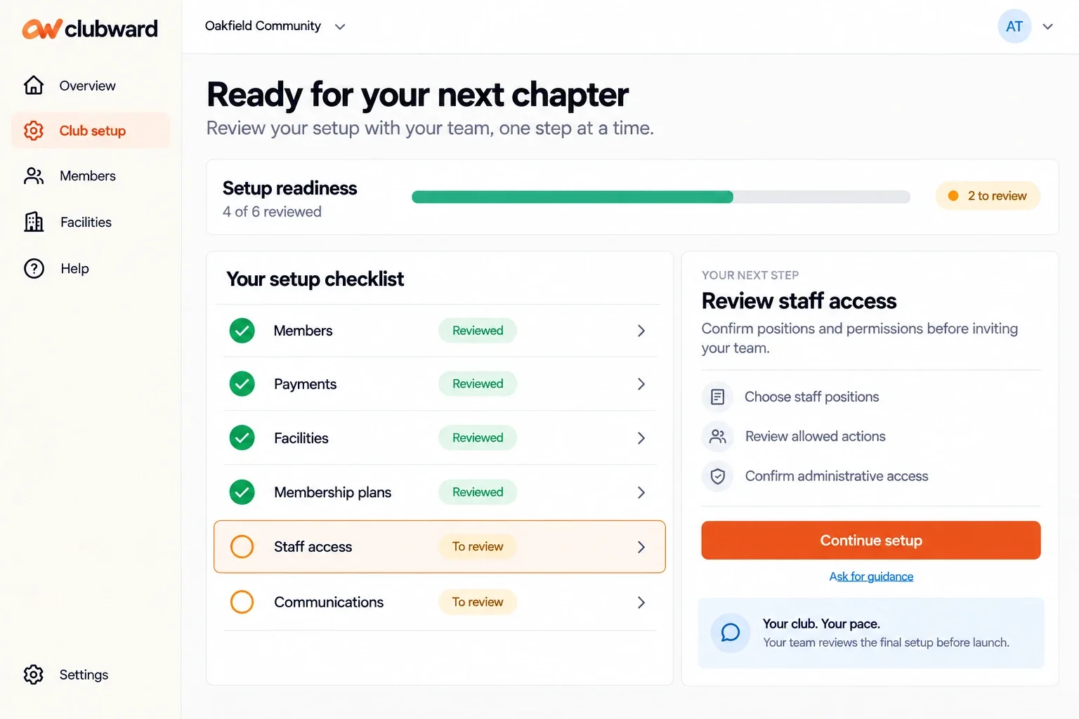 Clubward onboarding wizard showing setup progress and operational readiness checks for the next season