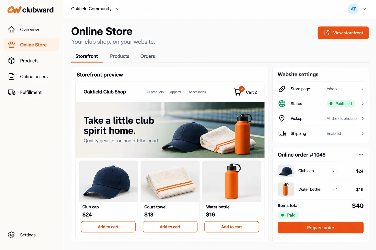 Clubward online merchandise store with product browsing, shopping cart and website checkout