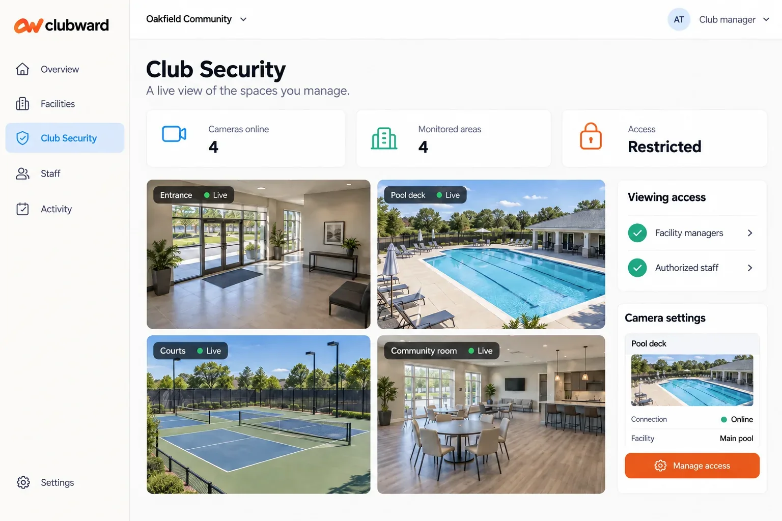 Clubward Club Security dashboard with live camera feeds for the entrance, pool, courts and community room