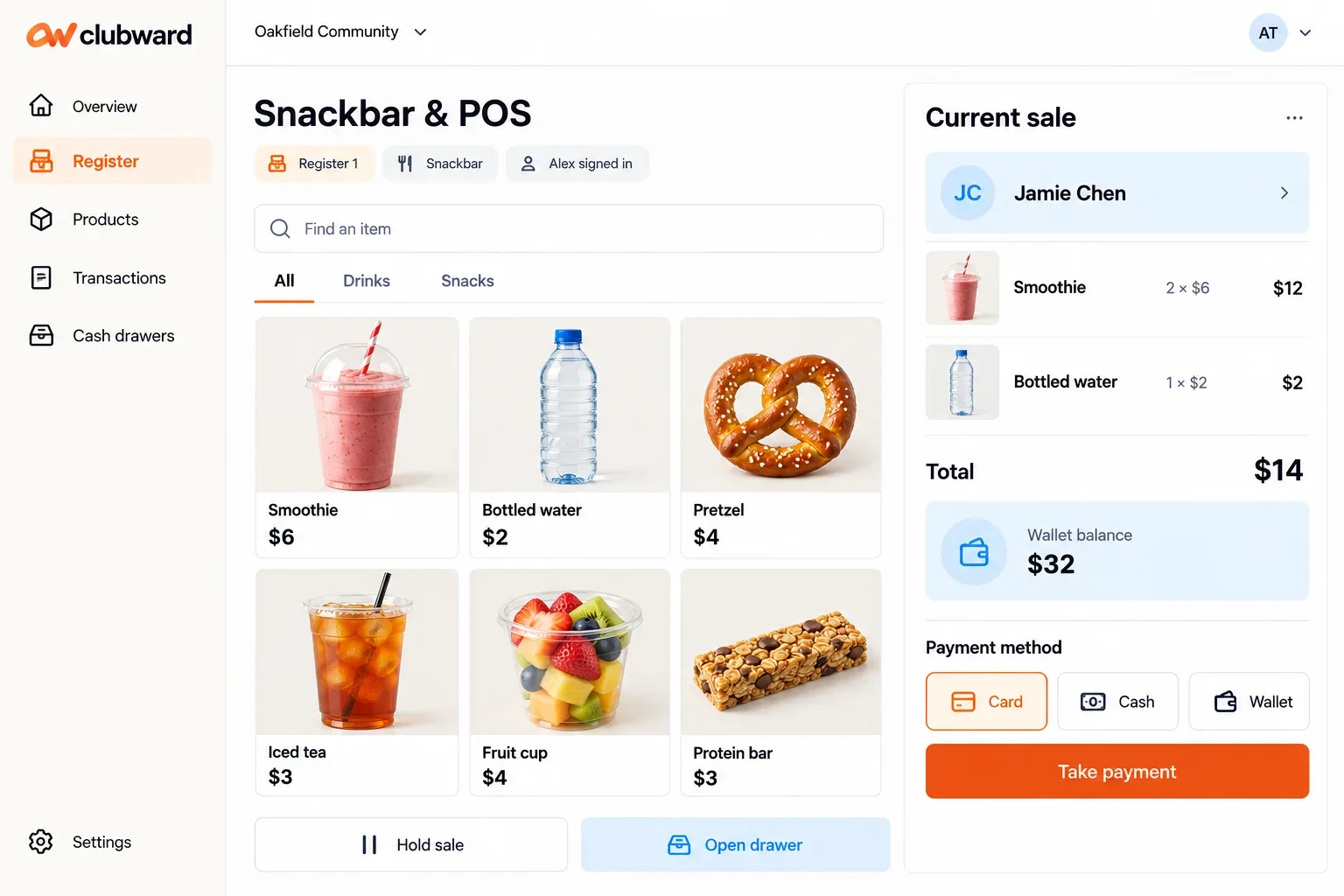 Clubward Snackbar & POS cash register with menu items, member account and in-person checkout