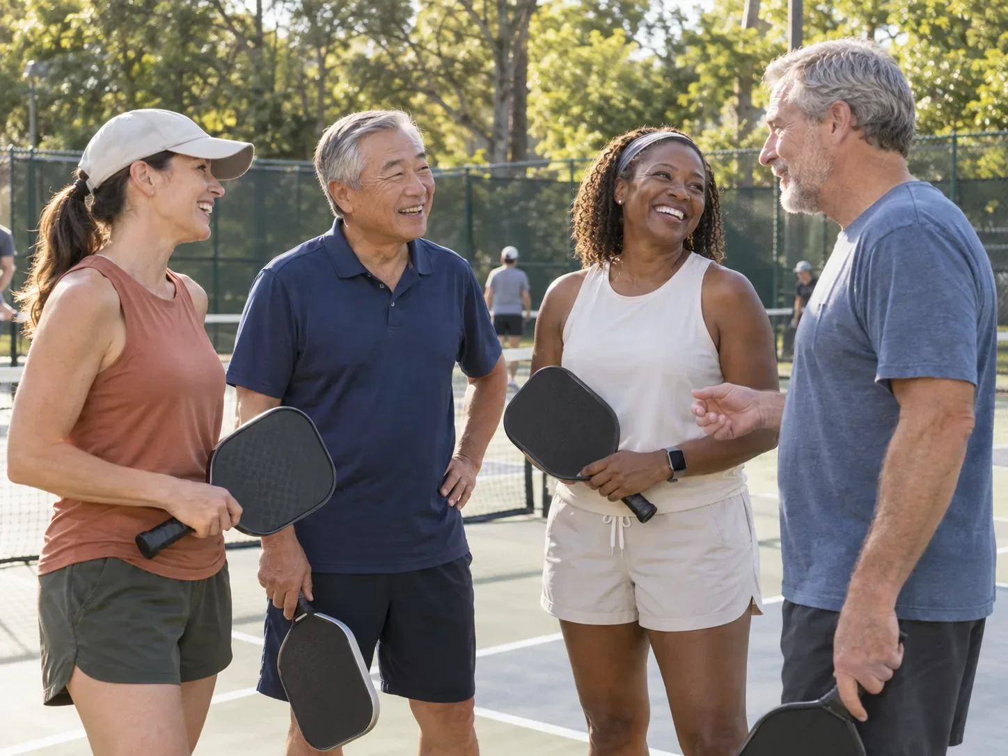Friends chatting and laughing beside a community sports court