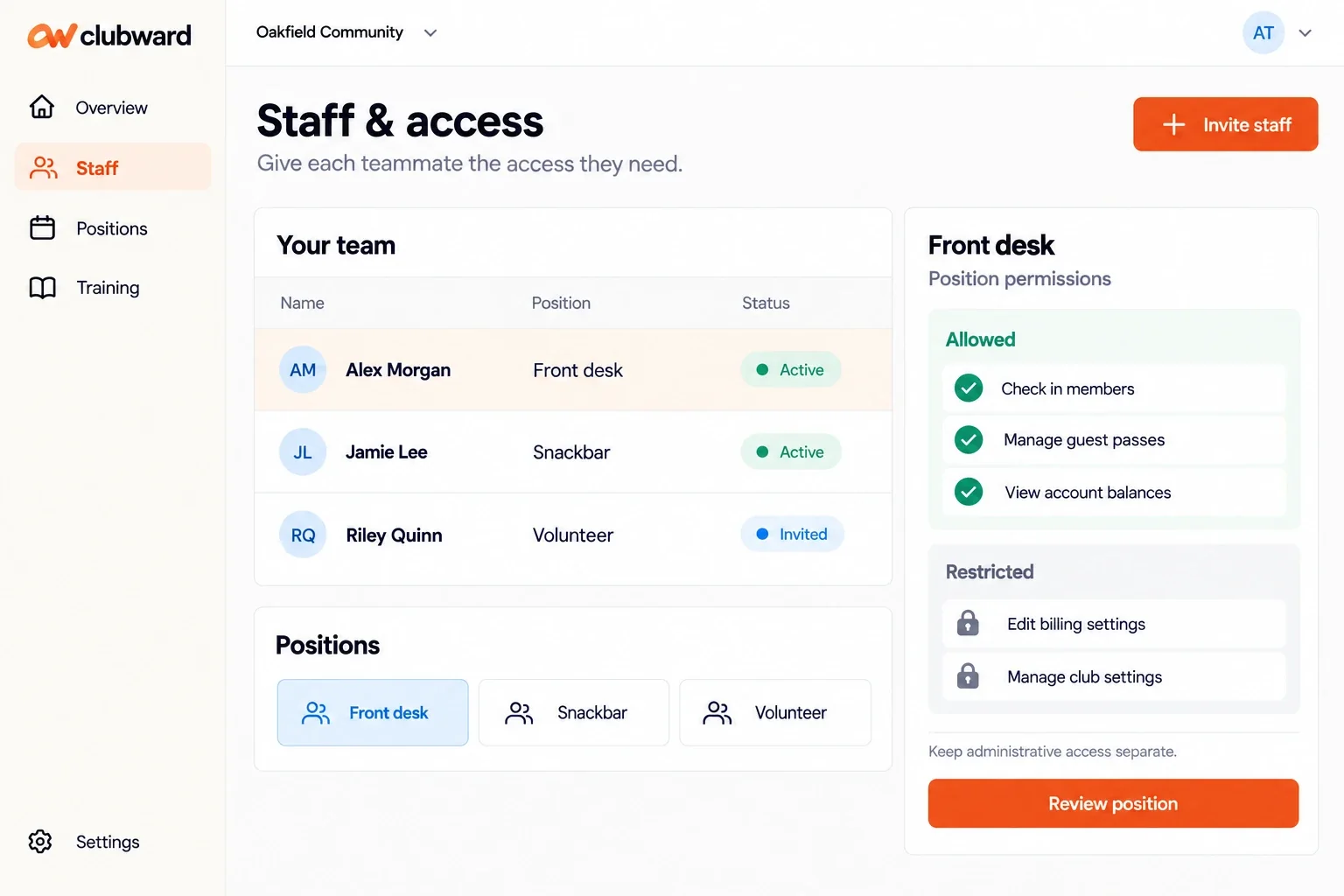 Clubward staff management dashboard with position-based access for front desk staff, snackbar teams and volunteers