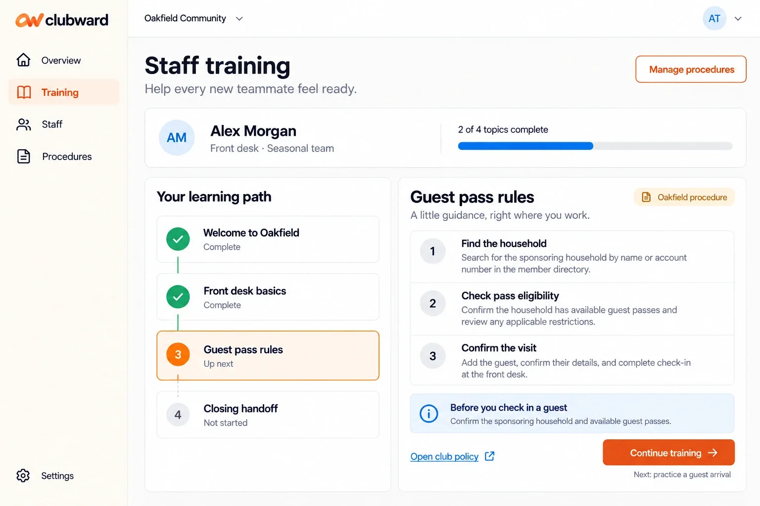 Clubward staff training workspace with a club procedure and guided next steps for a new team member.