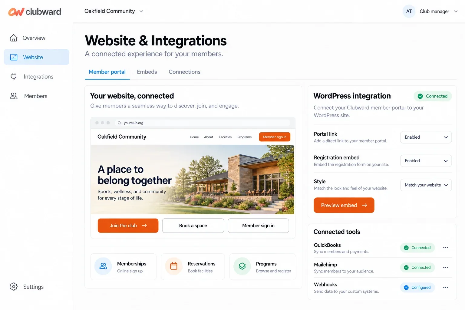 Clubward website integration dashboard connecting member registration, booking and supported business tools
