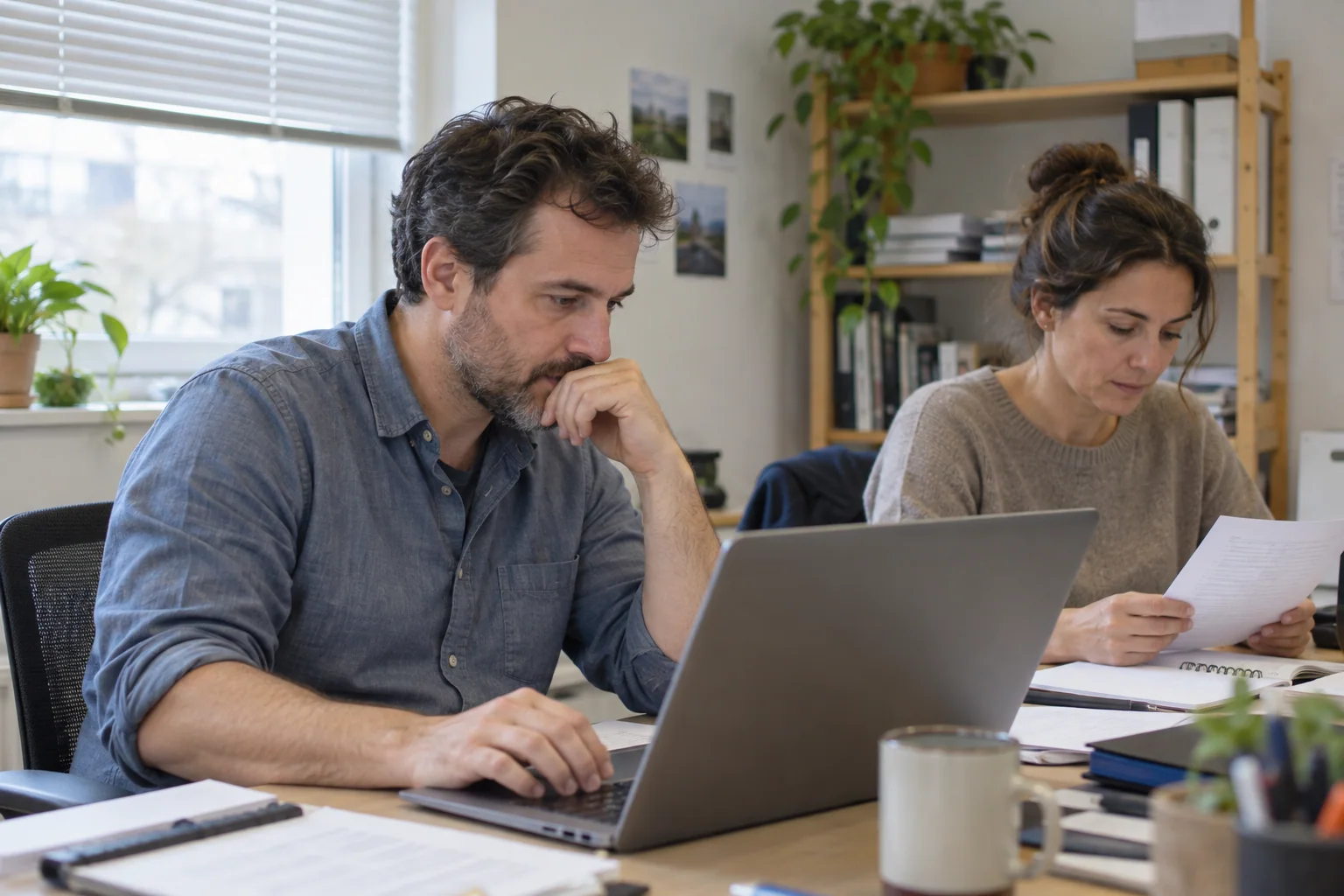Two nonprofit colleagues reviewing email and handover notes in their office.