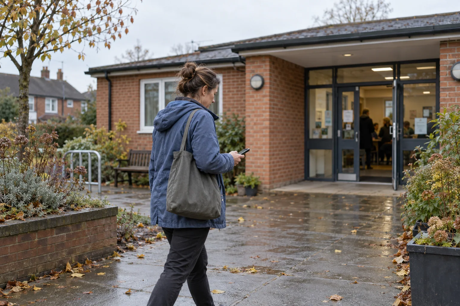 A visitor checking her phone on the path to a neighborhood community center.