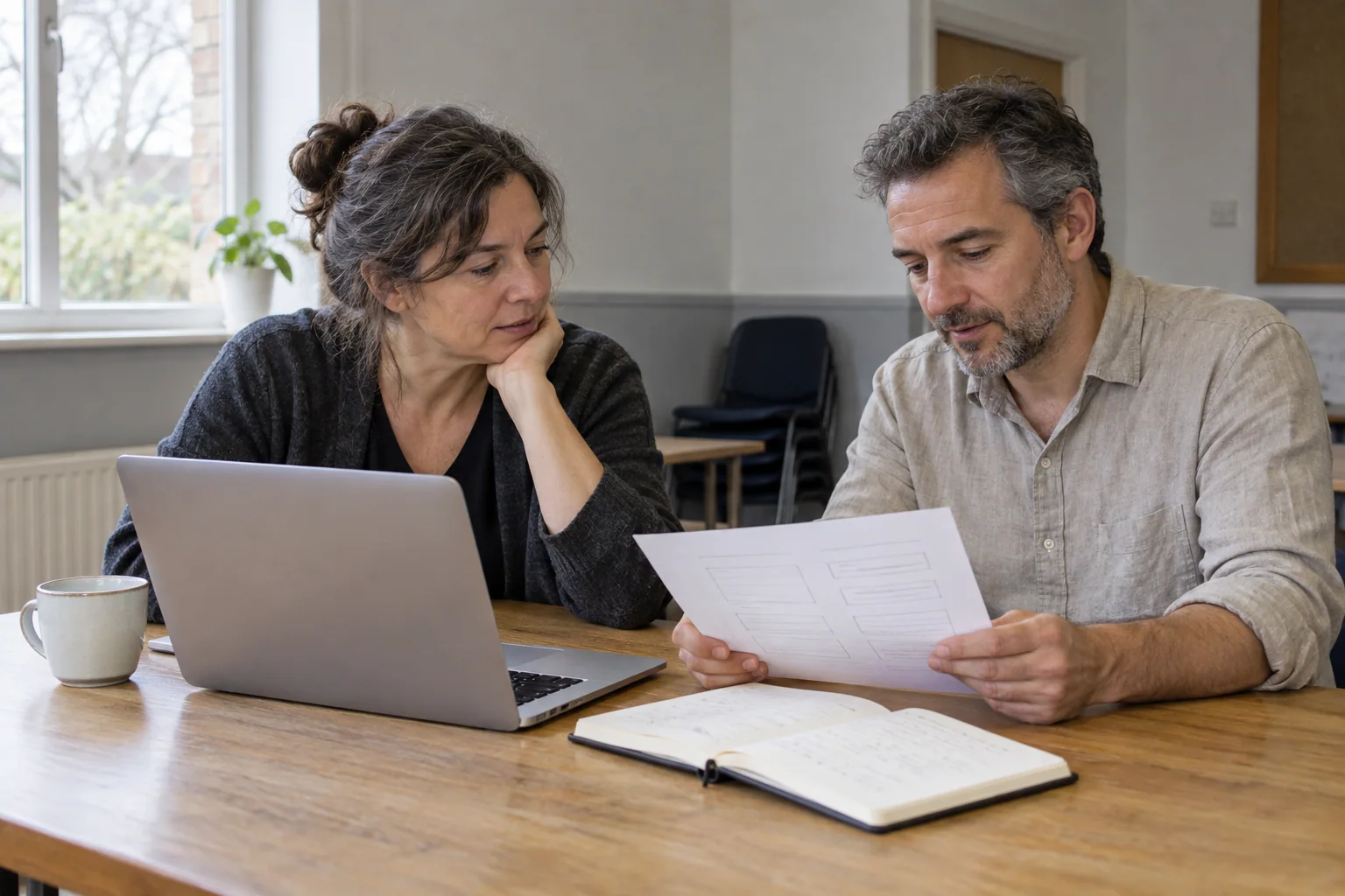 Two community volunteers reviewing a website plan beside a laptop.