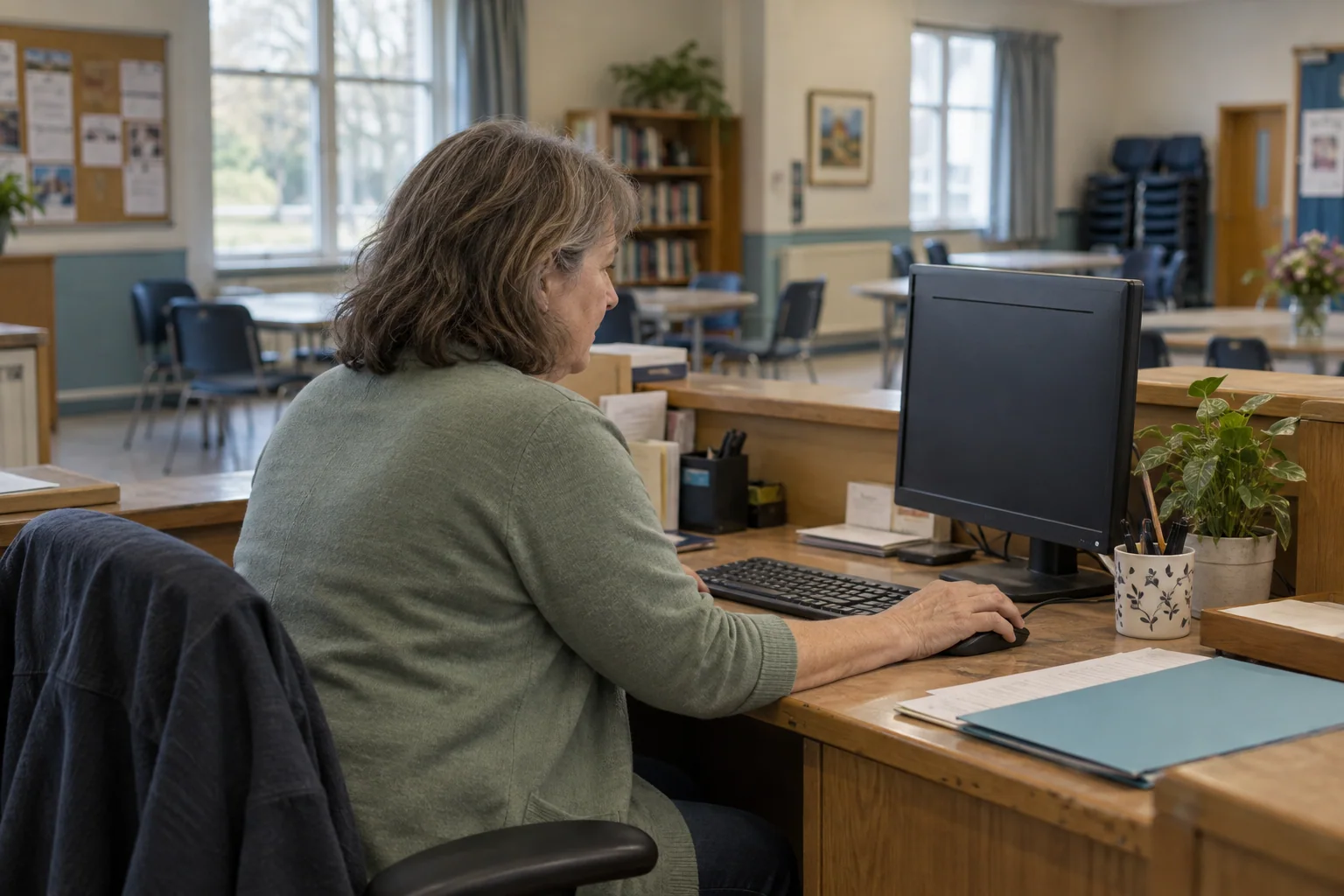 A community center administrator working at a reception desk.