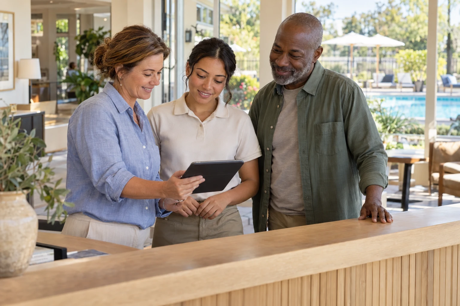 A community club coordinator welcomes a new staff member and volunteer with a tablet at the front desk.