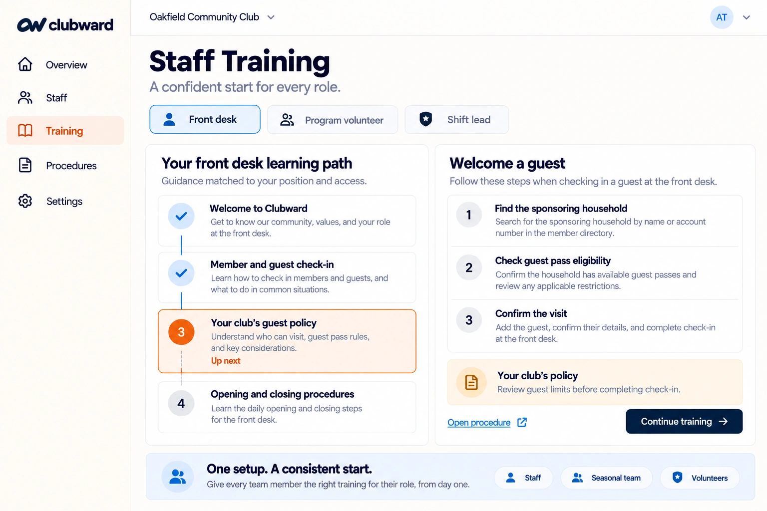 Clubward Staff Training dashboard with a role-based front desk learning path, task guidance, and club guest policy